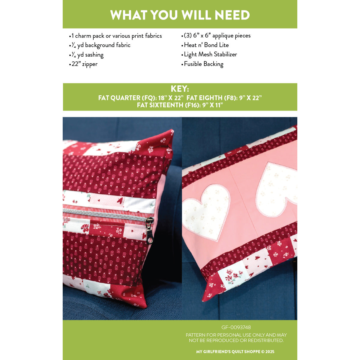 Fabric pattern with red and white heart designs on a blue background, featuring text about materials needed for sewing.
