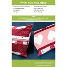 Fabric pattern with red and white heart designs on a blue background, featuring text about materials needed for sewing.
