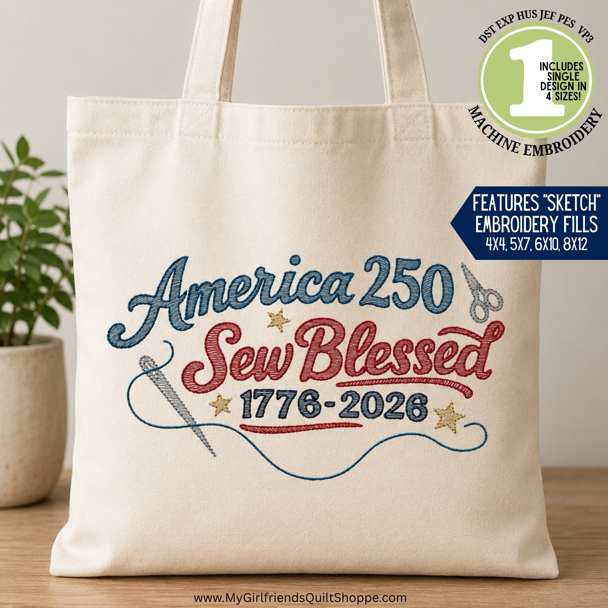 Tote bag with 'America 250 Sew Blessed 1776-2026' design on a wooden surface.