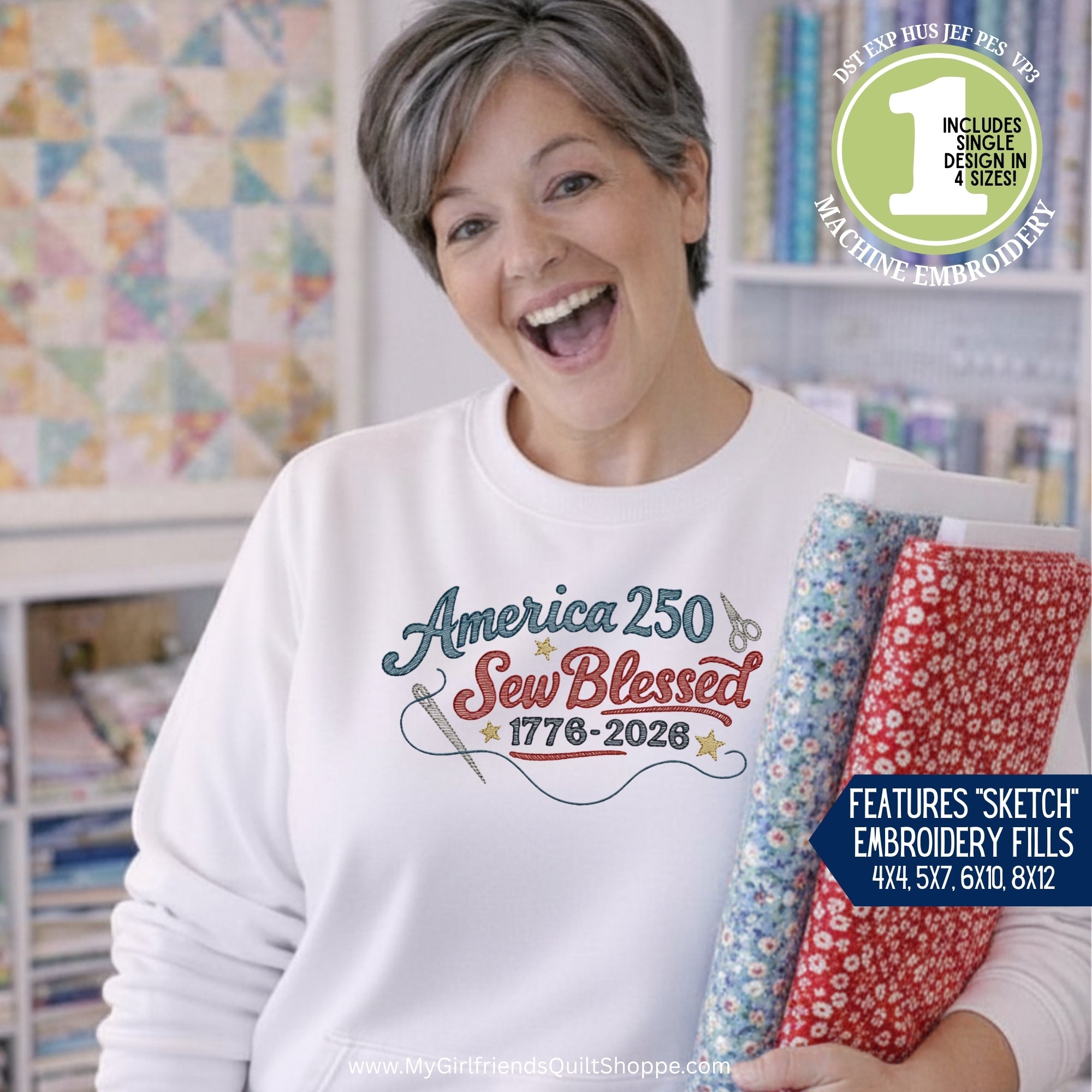 Person wearing a sweatshirt with 'America 250 Sew Blessed' design, holding fabric, in a craft store setting.