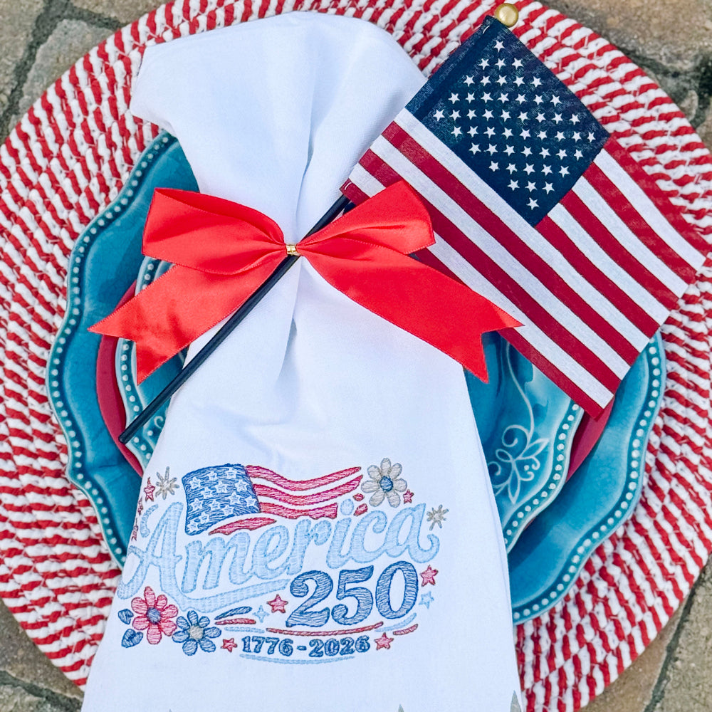 Decorative plate with American flag design and 'America 250' text on a red and white checkered background.