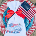 Decorative plate with American flag design and 'America 250' text on a red and white checkered background.