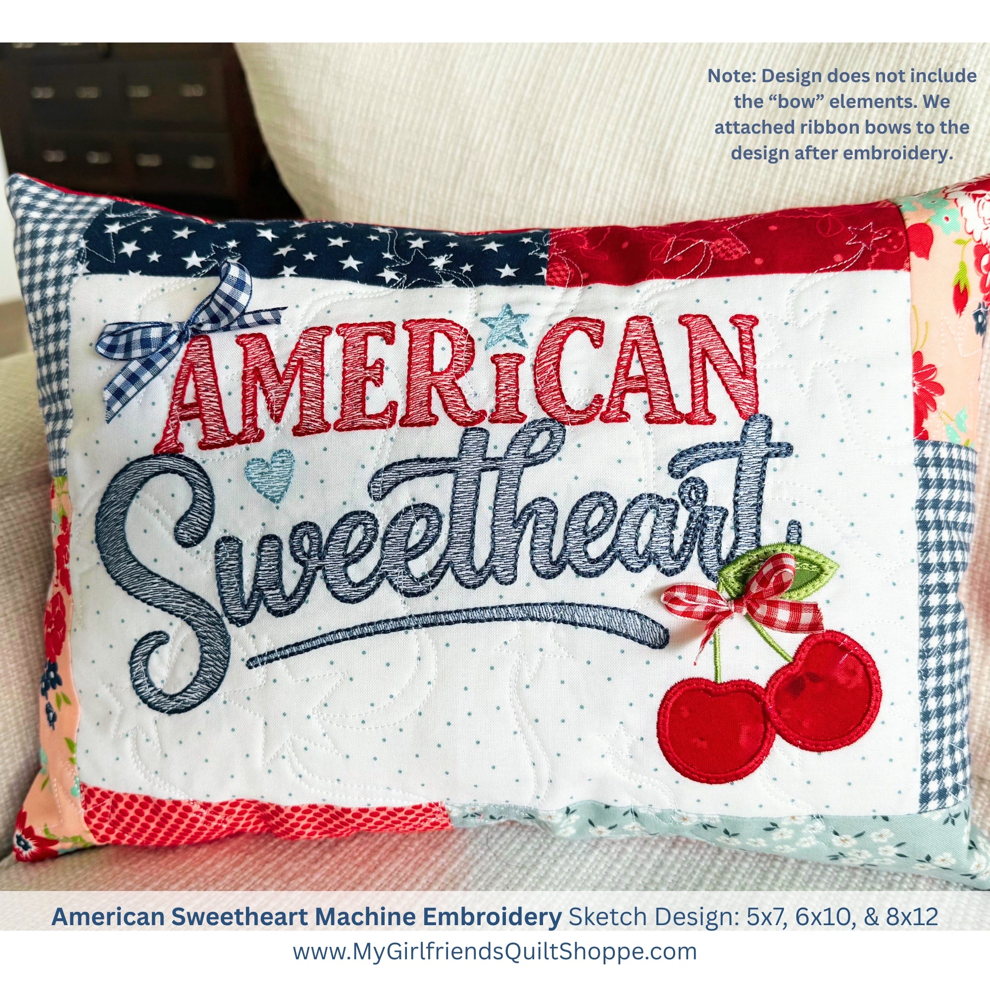 Embroidered pillow with 'American Sweetheart' design on a fabric background