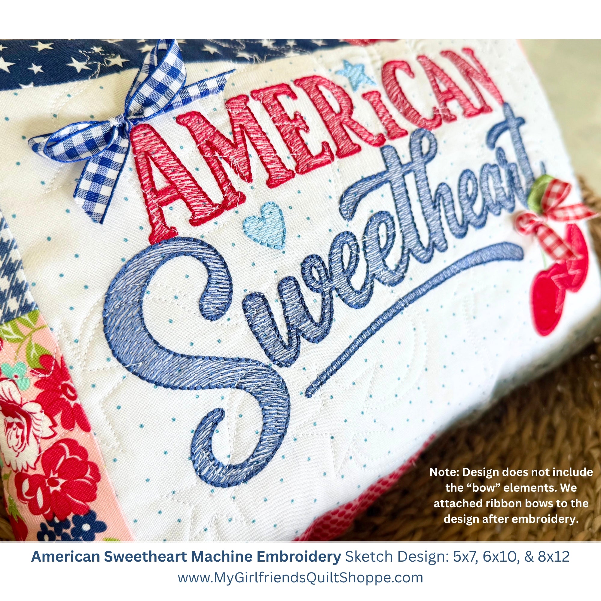 Embroidery design with 'American Sweetheart' text on a fabric background
