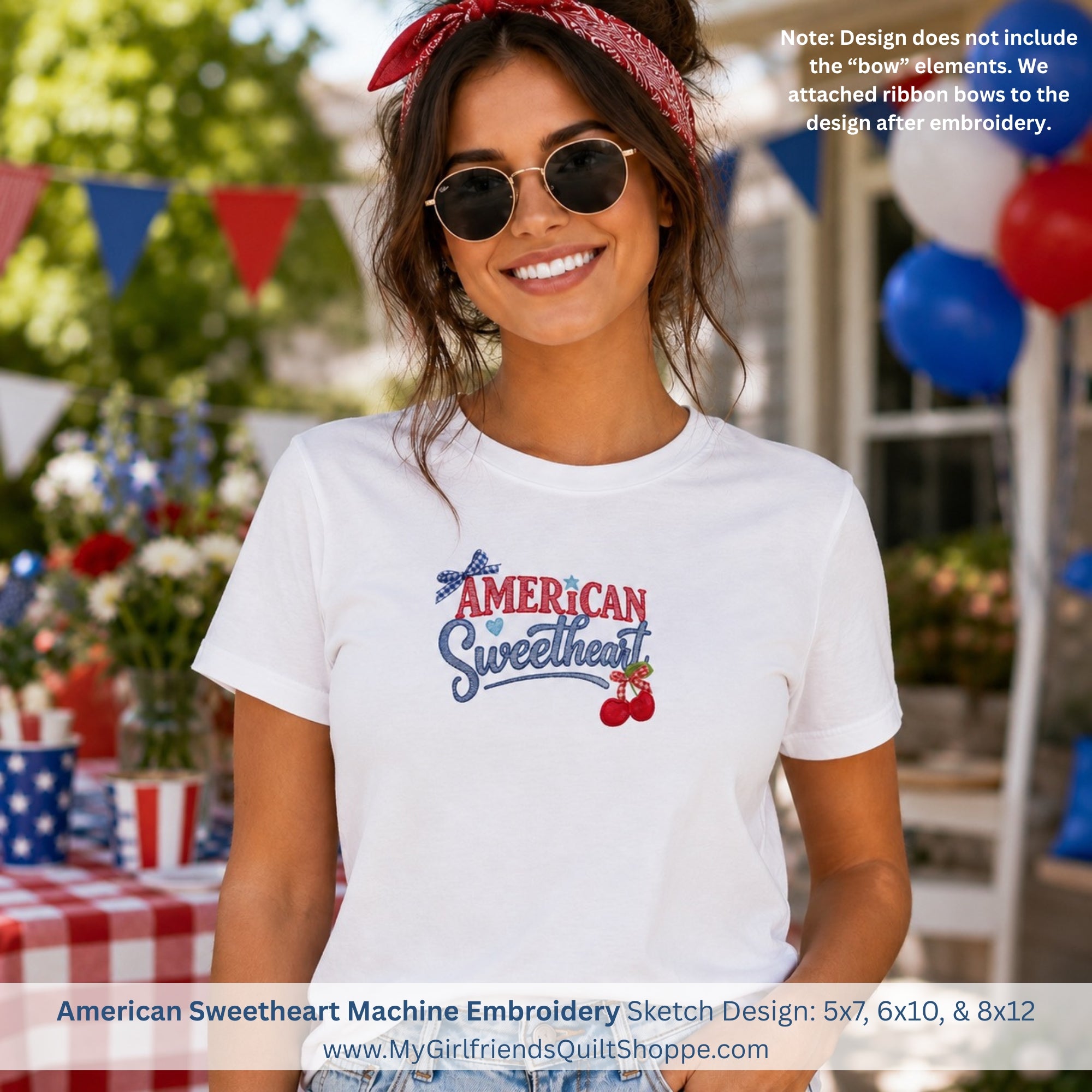 Woman wearing a 'American Sweetheart' t-shirt with a festive background