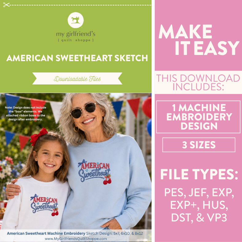 Promotional graphic for 'American Sweetheart' embroidery design with a woman and child wearing shirts featuring the design.