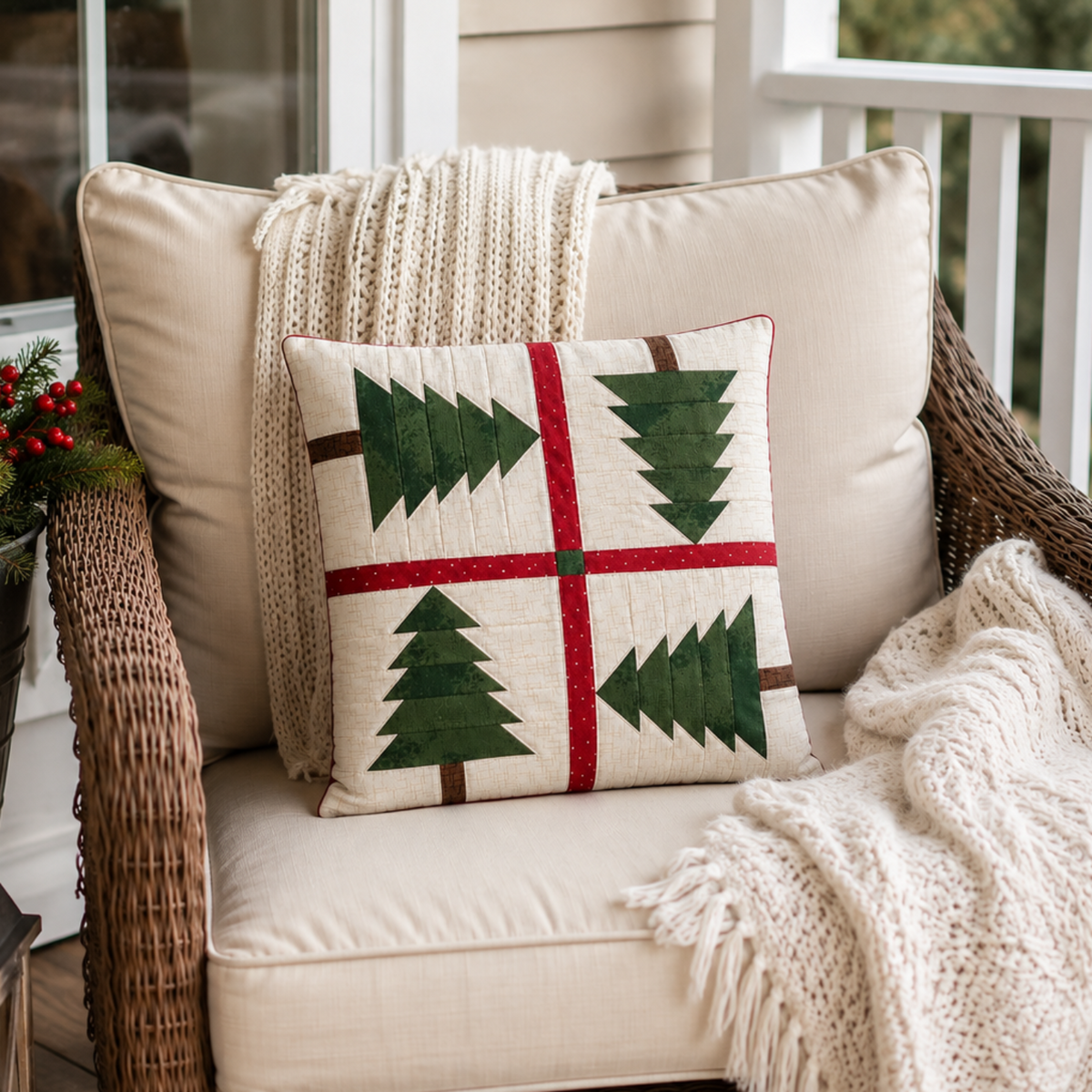 A decorative square throw pillow with a four-quadrant Christmas tree pattern sits on a wicker outdoor chair with cream cushions and a knit throw blanket. The pillow has a cream background with green pine trees and red and brown dividing lines, styled on a porch with a potted plant and lantern nearby.
