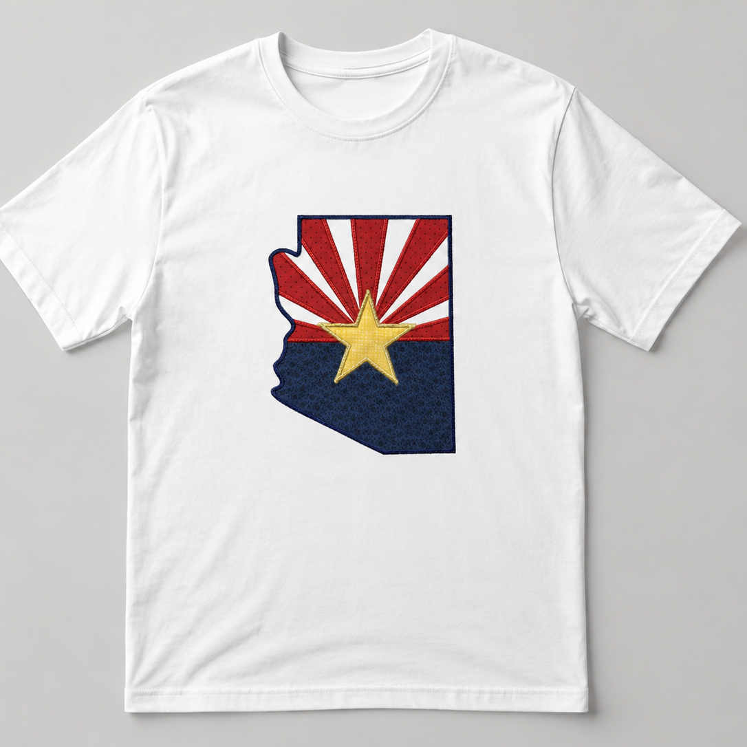 White t-shirt with Arizona state flag design on a gray background