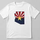White t-shirt with Arizona state flag design on a gray background