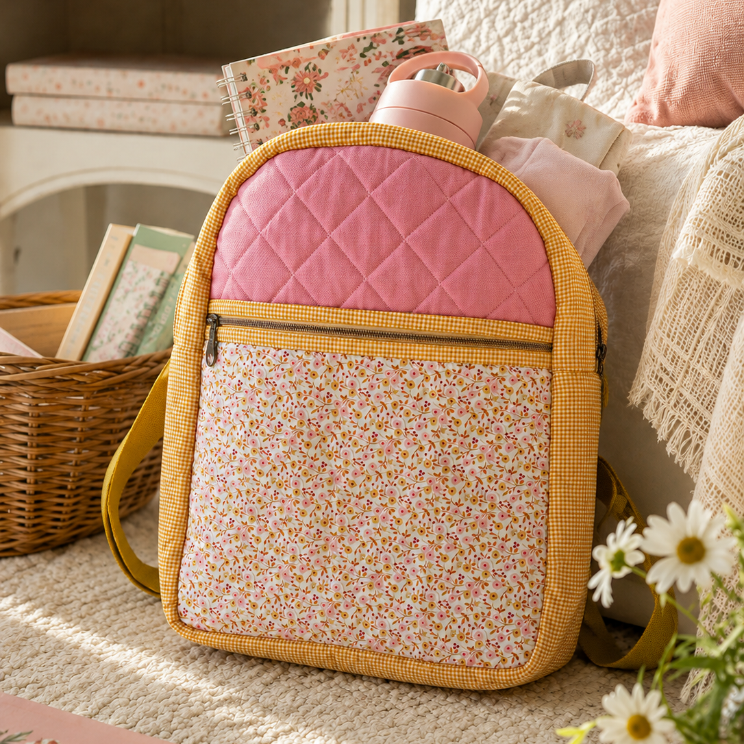 A quilted pink and floral backpack with a yellow woven border, styled on a cream carpet next to a sofa with books and flowers.