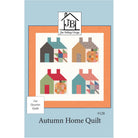 Pattern cover for the Autumn Home Quilt by Jon Beldup Design, featuring four stylized autumn houses with pumpkins in a patchwork design, set against a light blue background with an orange border.
