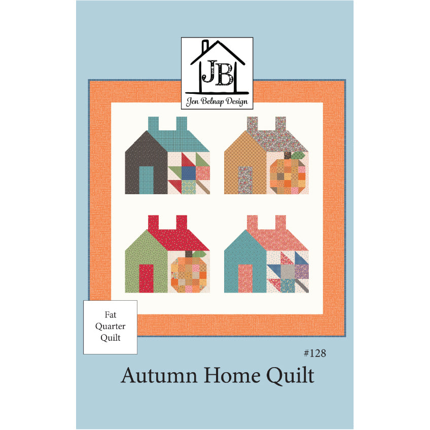 Pattern cover for the Autumn Home Quilt by Jon Beldup Design, featuring four stylized autumn houses with pumpkins in a patchwork design, set against a light blue background with an orange border.