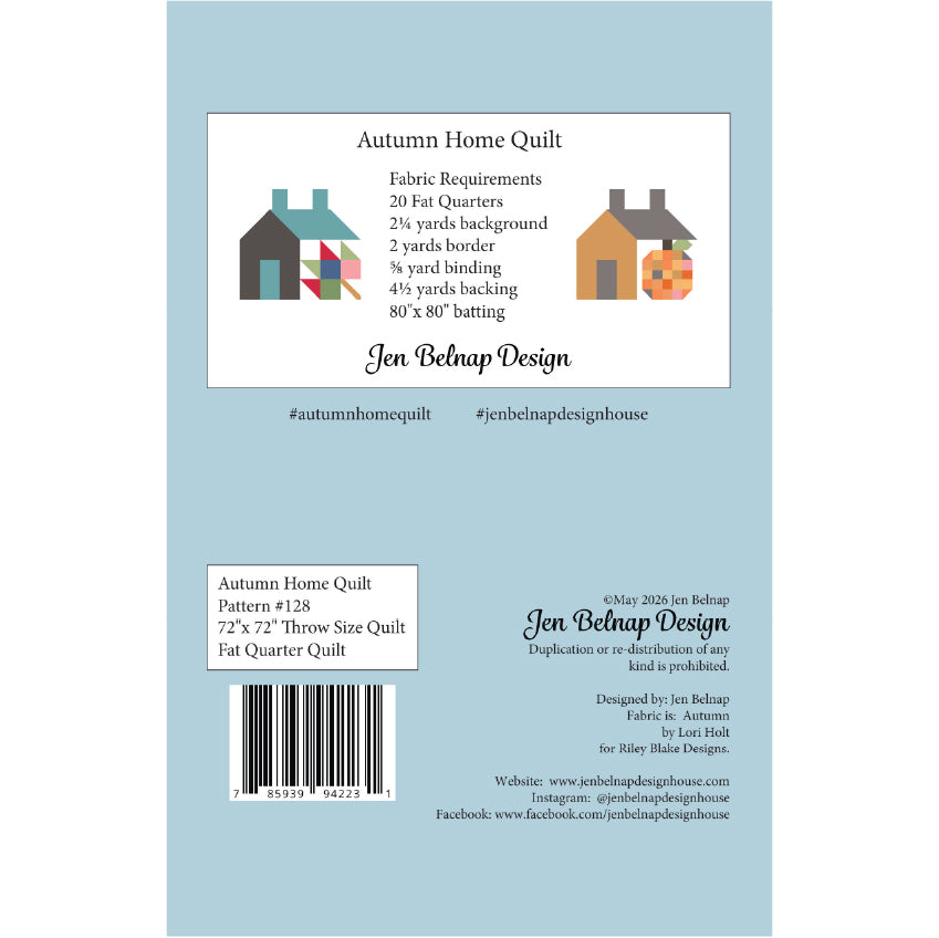 Back of an 'Autumn Home Quilt' fabric packaging card by Jen Belnap Design, featuring product details, a small house illustration, a barcode, and a light blue background.