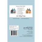 Back of an 'Autumn Home Quilt' fabric packaging card by Jen Belnap Design, featuring product details, a small house illustration, a barcode, and a light blue background.