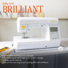 A white baby lock Brilliant quilting machine shown on a tabletop in a softly blurred indoor setting, with large orange text reading 'baby lock BRILLIANT' and feature callouts along the bottom.