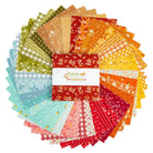 A circular arrangement of patterned fabric swatches in many colors, with a central package labeled Baked Butter Love Quilt Fabrics, shown on a plain white background.