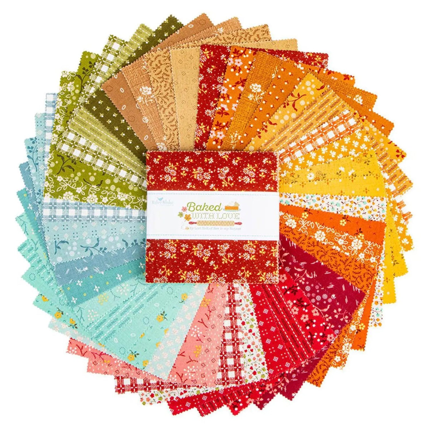 A circular arrangement of patterned fabric swatches in many colors, with a central package labeled Baked Butter Love Quilt Fabrics, shown on a plain white background.