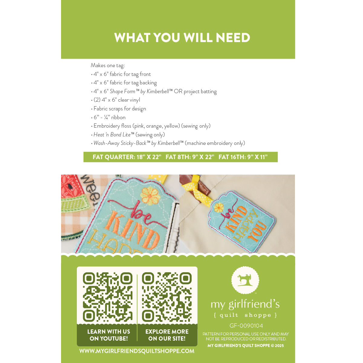 Instructions for making a fabric tag with materials and tools listed, featuring colorful tags on a white background.