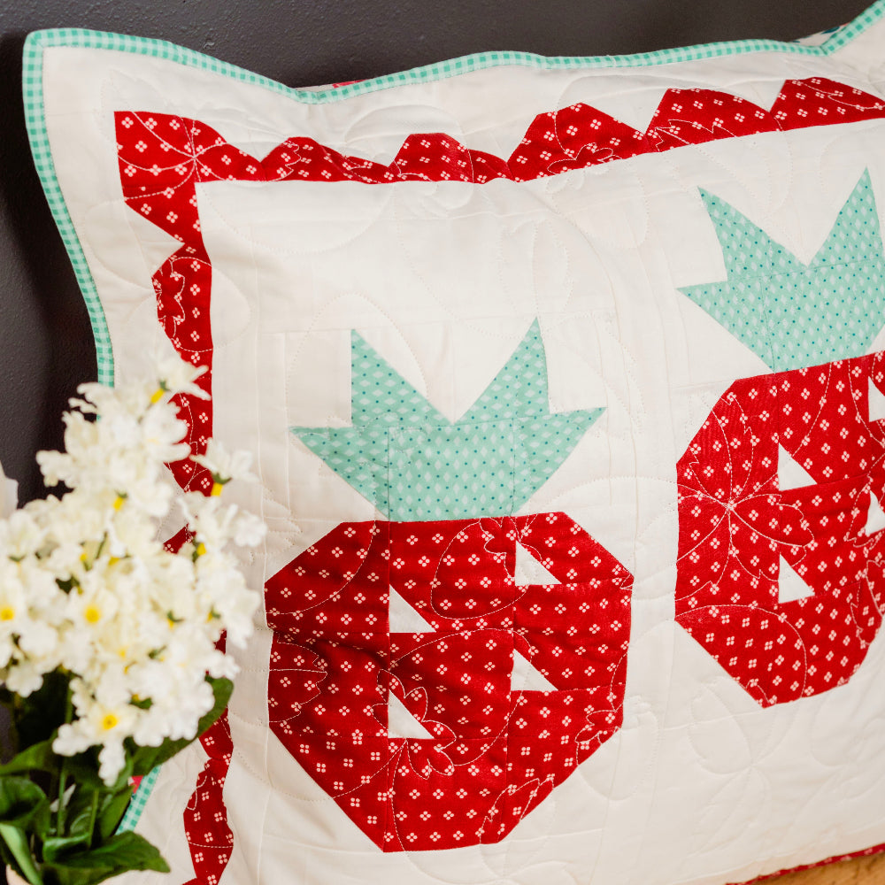 Decorative pillow with red and green pattern on a wooden surface