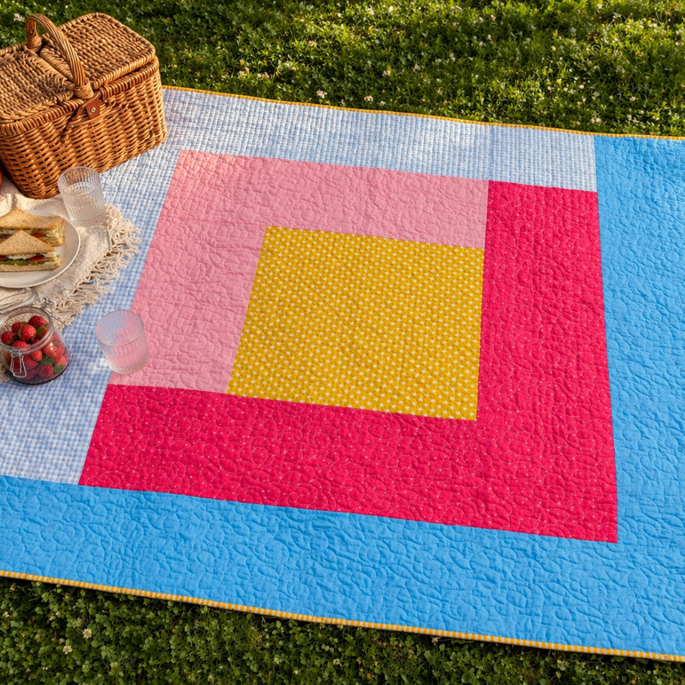 Colorful quilt with geometric pattern on grass, picnic basket, and food items.