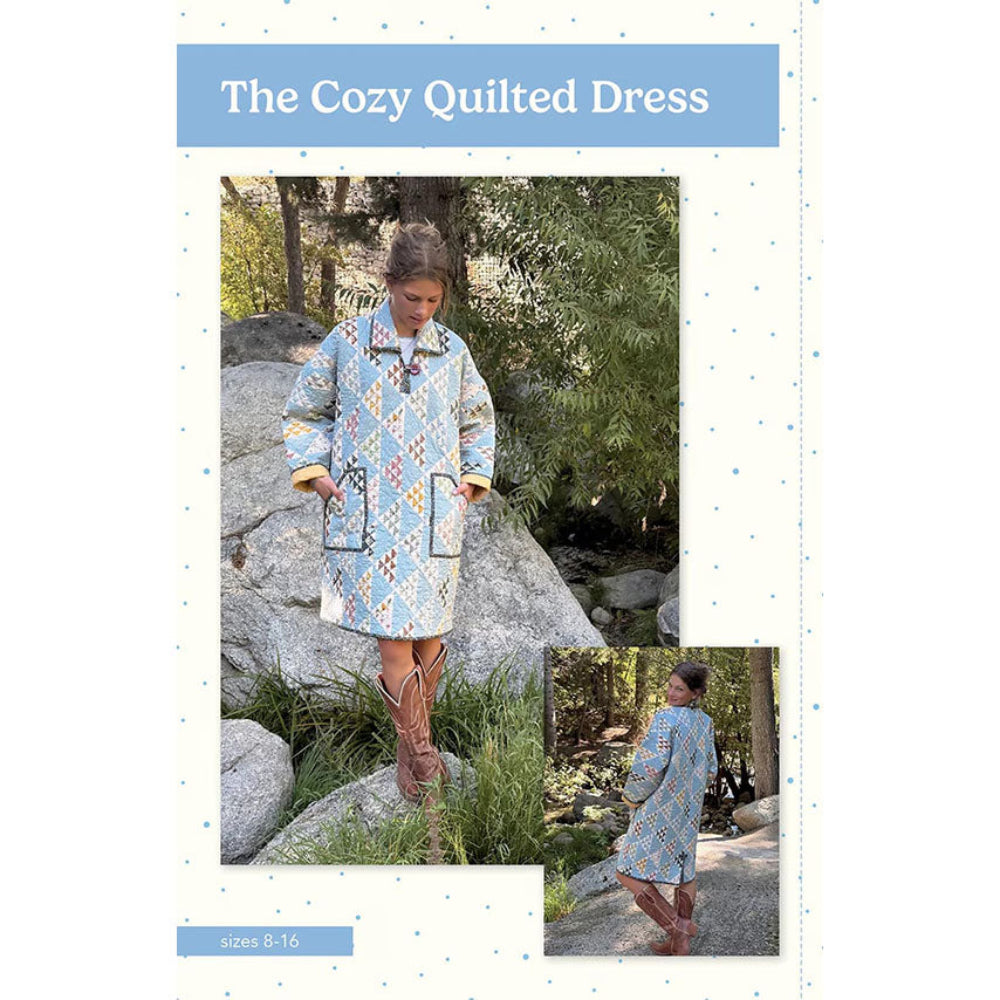 Cozy quilted dress worn by a model in a natural setting with text 'The Cozy Quilted Dress'.