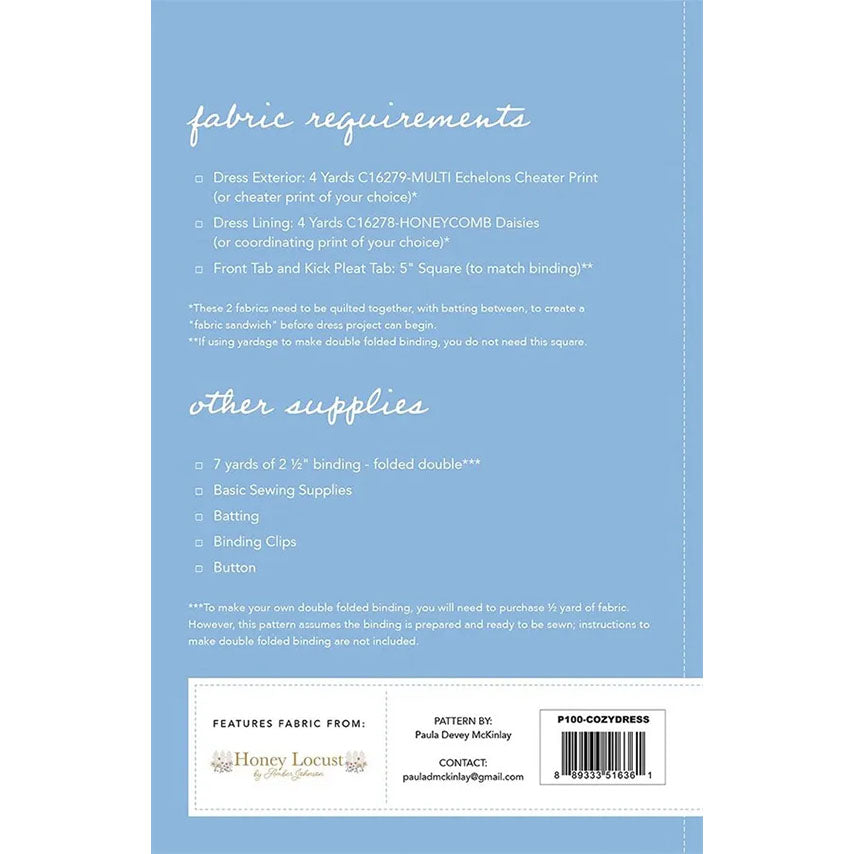 Fabric requirements and other supplies list on a blue background