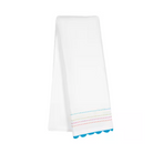 White towel with colorful trim on a white background