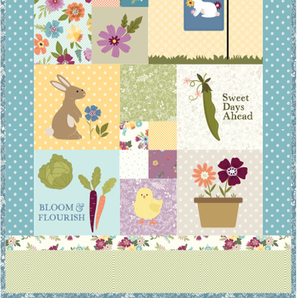 Patchwork quilt with garden-themed blocks featuring animals and plants.