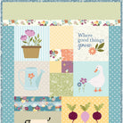 Patchwork design with gardening elements and text 'Where good things grow' on a colorful background.