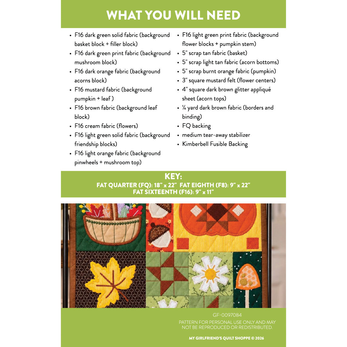 A fabric pattern listing sheet titled 'WHAT YOU WILL NEED' with a list of included fabrics and a color key, plus a sample quilt design showing autumn leaf and floral motifs.