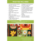 A fabric pattern listing sheet titled 'WHAT YOU WILL NEED' with a list of included fabrics and a color key, plus a sample quilt design showing autumn leaf and floral motifs.