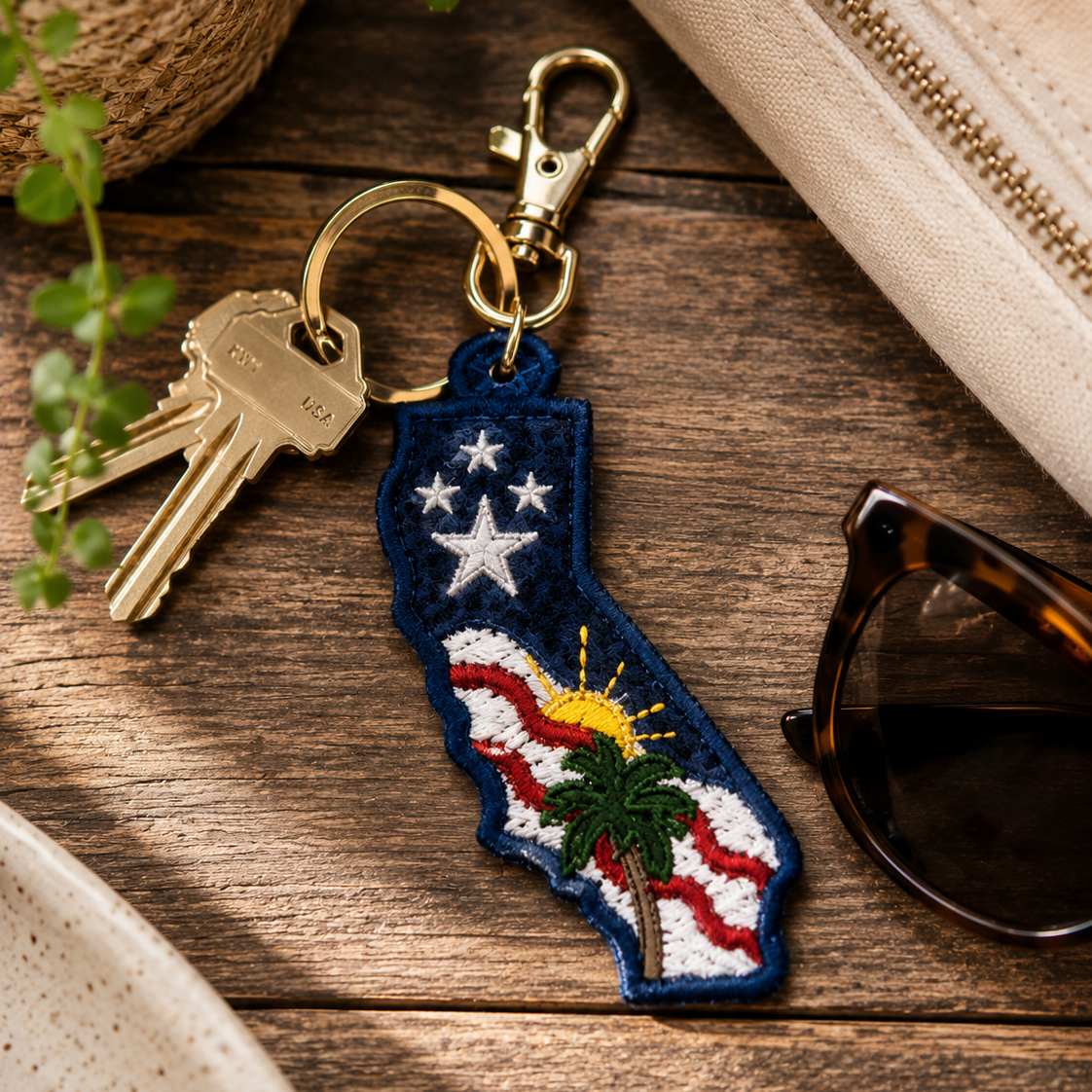 Keychain shaped like California with American flag design on a wooden surface with keys and sunglasses.