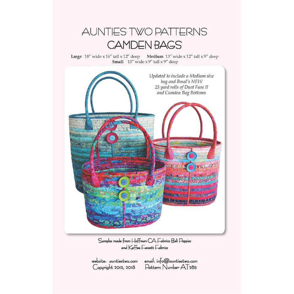 Advertisement for Aunties Two Patterns Camden Bags with colorful bags on a white background