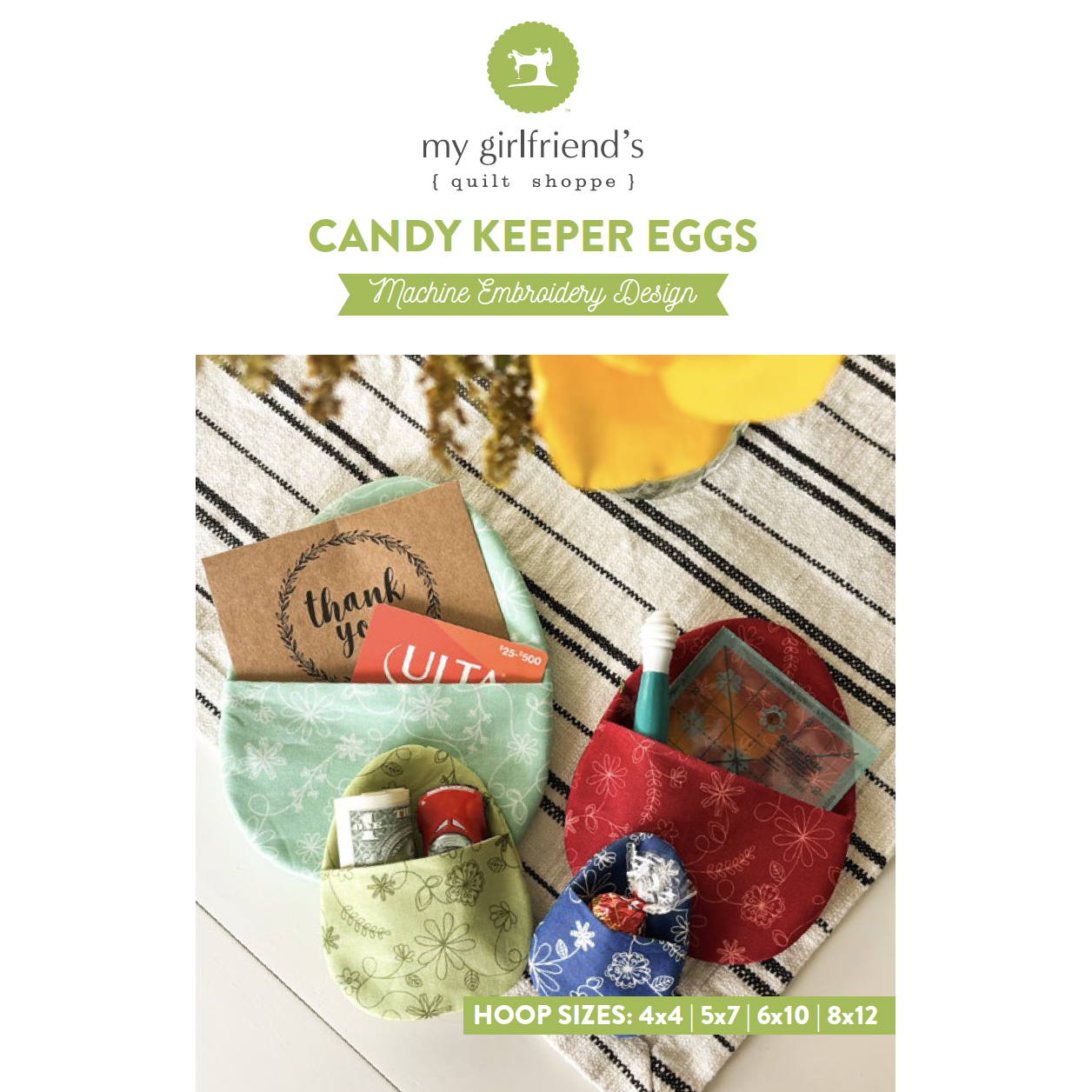 Candy Keeper Eggs machine embroidery design with colorful fabric pouches on a striped fabric background.
