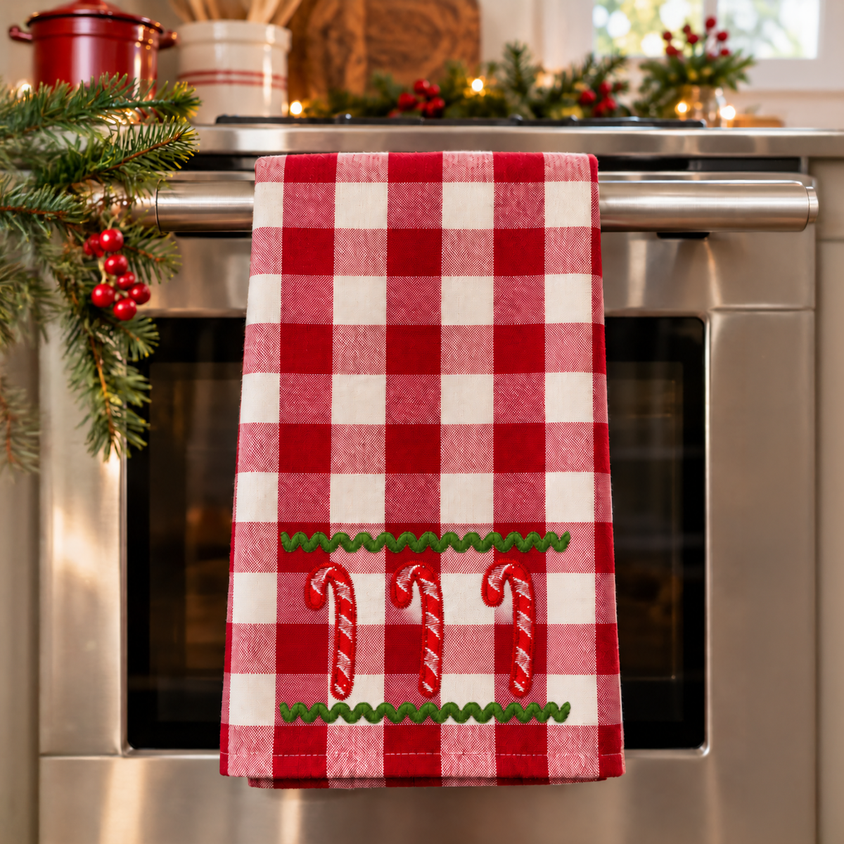 A red and white checkered kitchen towel with embroidered candy canes and green zigzag trim hanging on the oven handle of a stainless steel stove. Christmas greenery and red berries decorate the stove area.