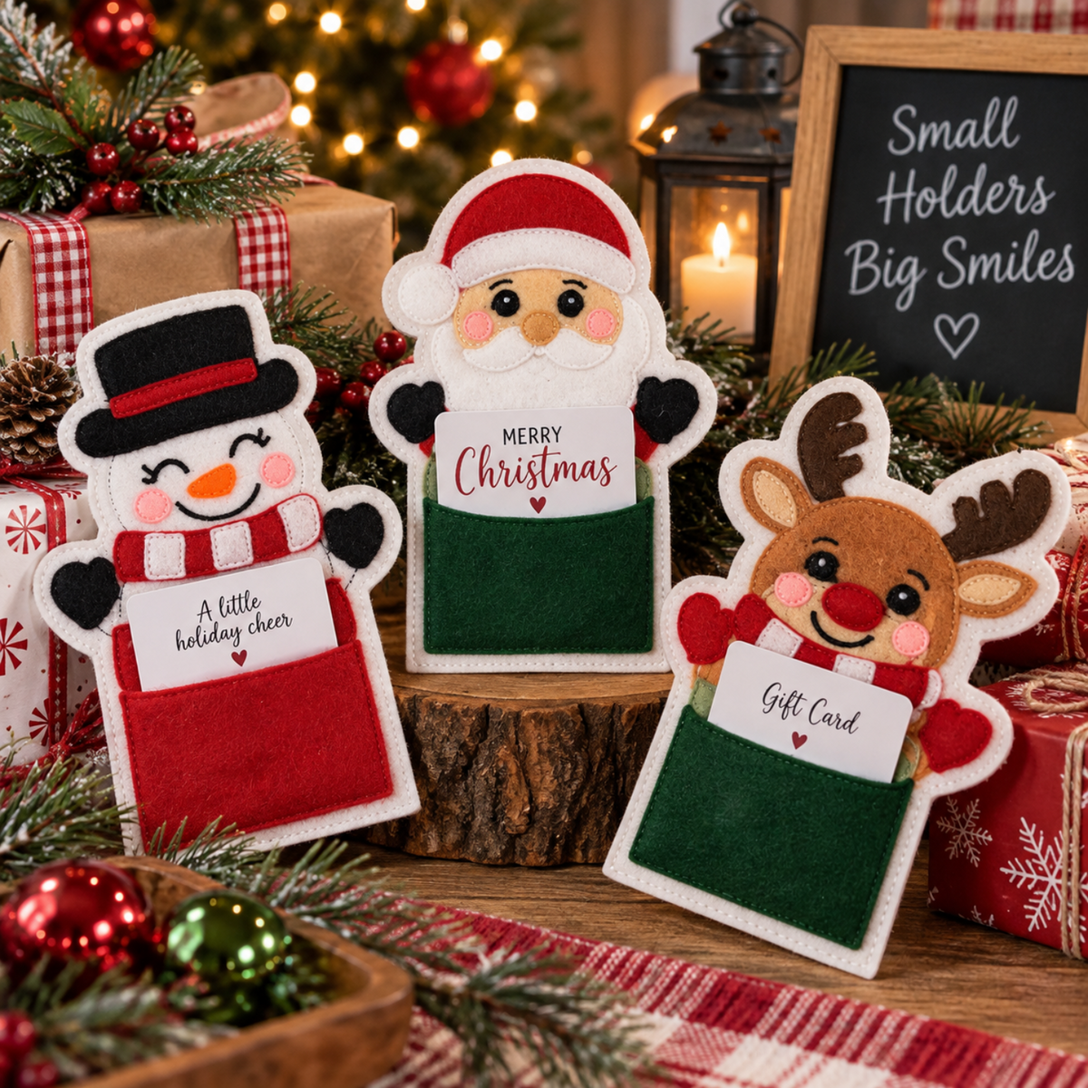 Three festive felt Christmas gift card holders shaped like a snowman, Santa, and a reindeer, displayed on a wooden surface with wrapped gifts, evergreen branches, ornaments, and a candle in a holiday setting.