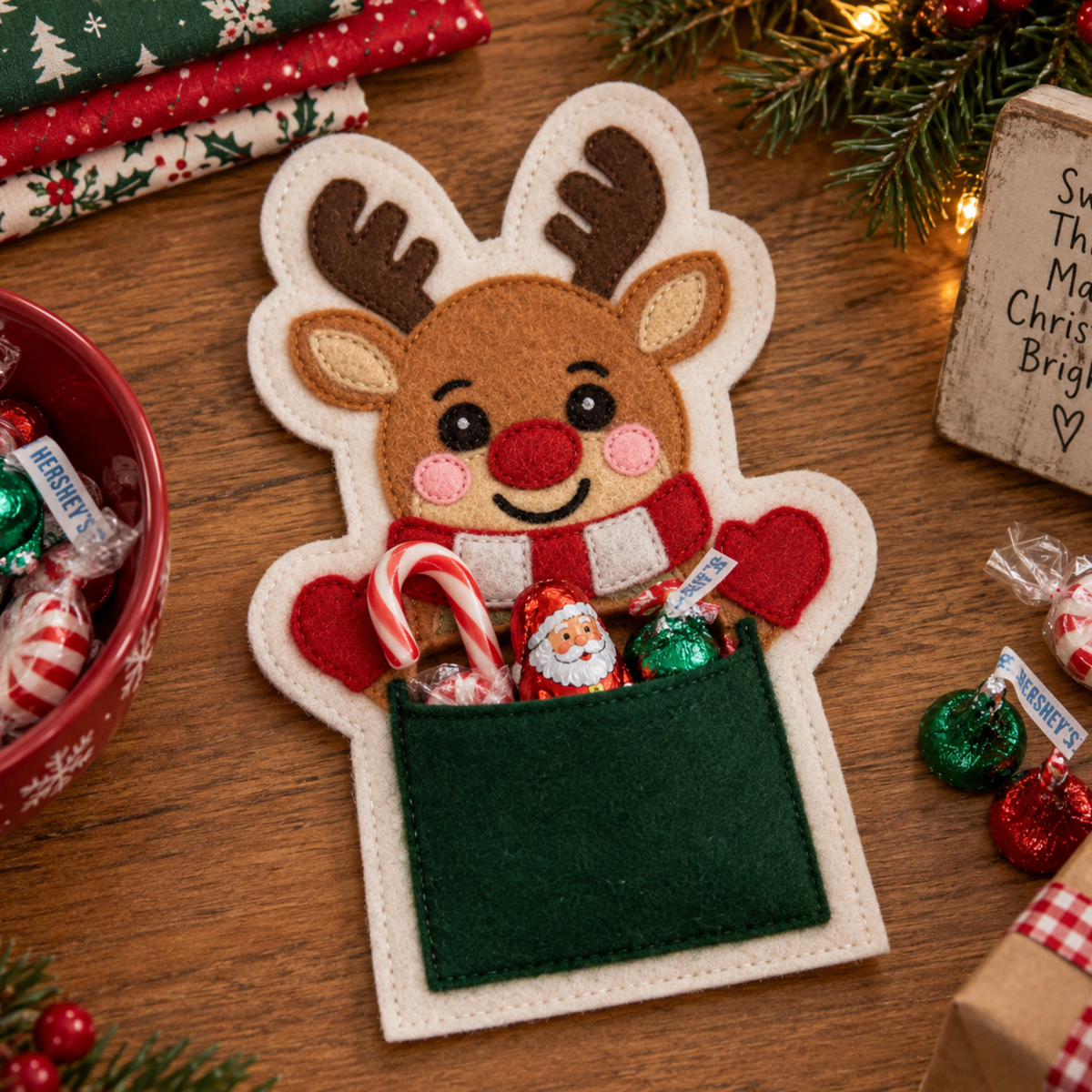 A festive Christmas-themed felt gift holder shaped like a reindeer head with antlers, a red nose, pink cheeks, a red-and-white striped scarf, and a dark green front pocket filled with candy. The holder is photographed on a wooden tabletop with holiday decorations, wrapped gifts, wrapped candies, and a small sign around it.