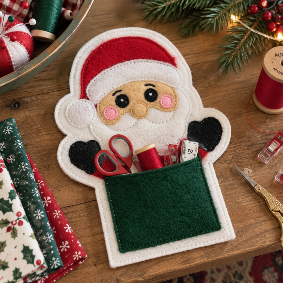 A festive felt Santa pocket organizer on a wooden table, filled with scissors, thread, and sewing accessories. The scene includes holiday decorations like pine branches, lights, patterned fabrics, and spools of thread.