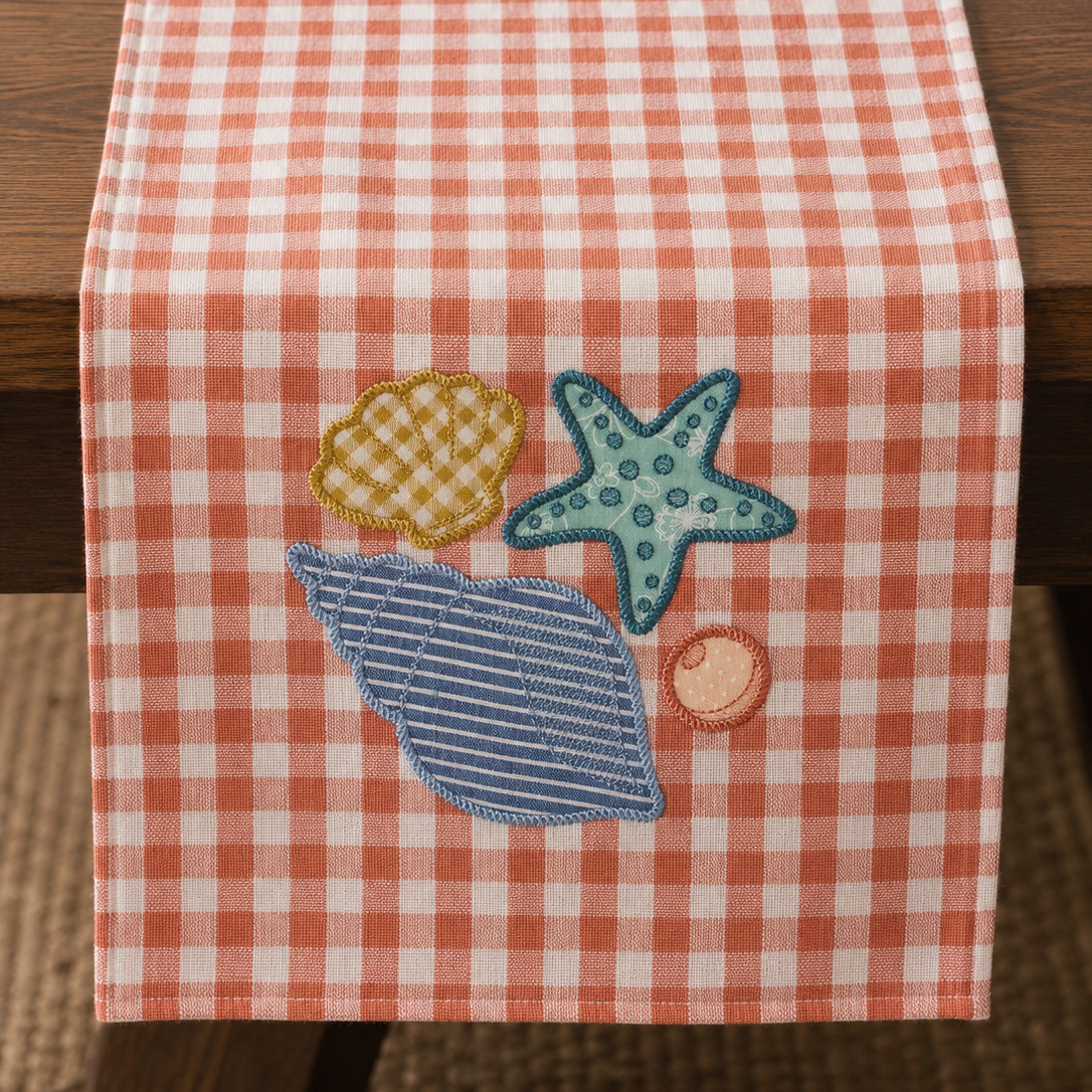 Red and white checkered table runner with embroidered beach-themed designs on a wooden table.