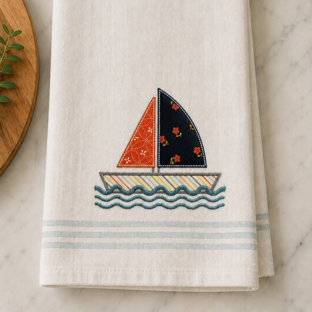 White towel with sailboat design on a marble surface
