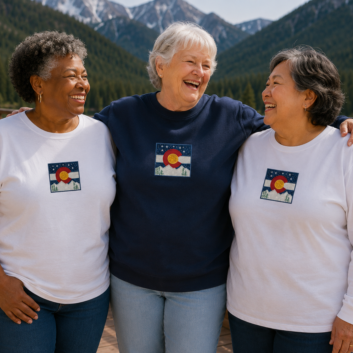 Three women standing together with a scenic mountain and lake background