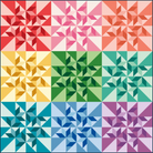 A 3x3 grid of colorful geometric quilt blocks, each featuring a pinwheel or starburst pattern in different colorways including red, pink, orange, yellow, green, teal, blue, and purple.