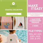 Advertisement for My Girlfriend's Quilt Shoppe Coastal Collective with embroidery designs and product images.