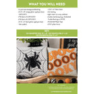 A product information graphic for a Halloween-themed fabric pillow set. The top half lists materials and a key for sizes in green and white blocks.