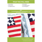 Fabric requirements for a quilt with red, white, and blue pattern on a white background.
