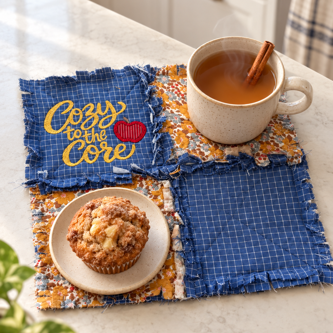 A set of four rustic blue fabric placemats with frayed edges and a floral patterned border, styled on a white marble kitchen counter with a mug of tea, a cinnamon stick, and a muffin.