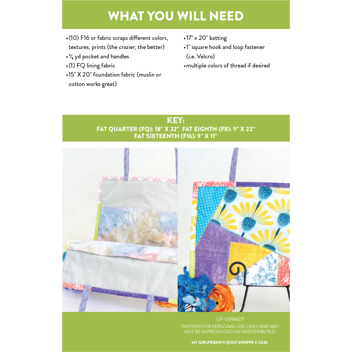 Quilt pattern with fabric requirements and materials listed on a white background