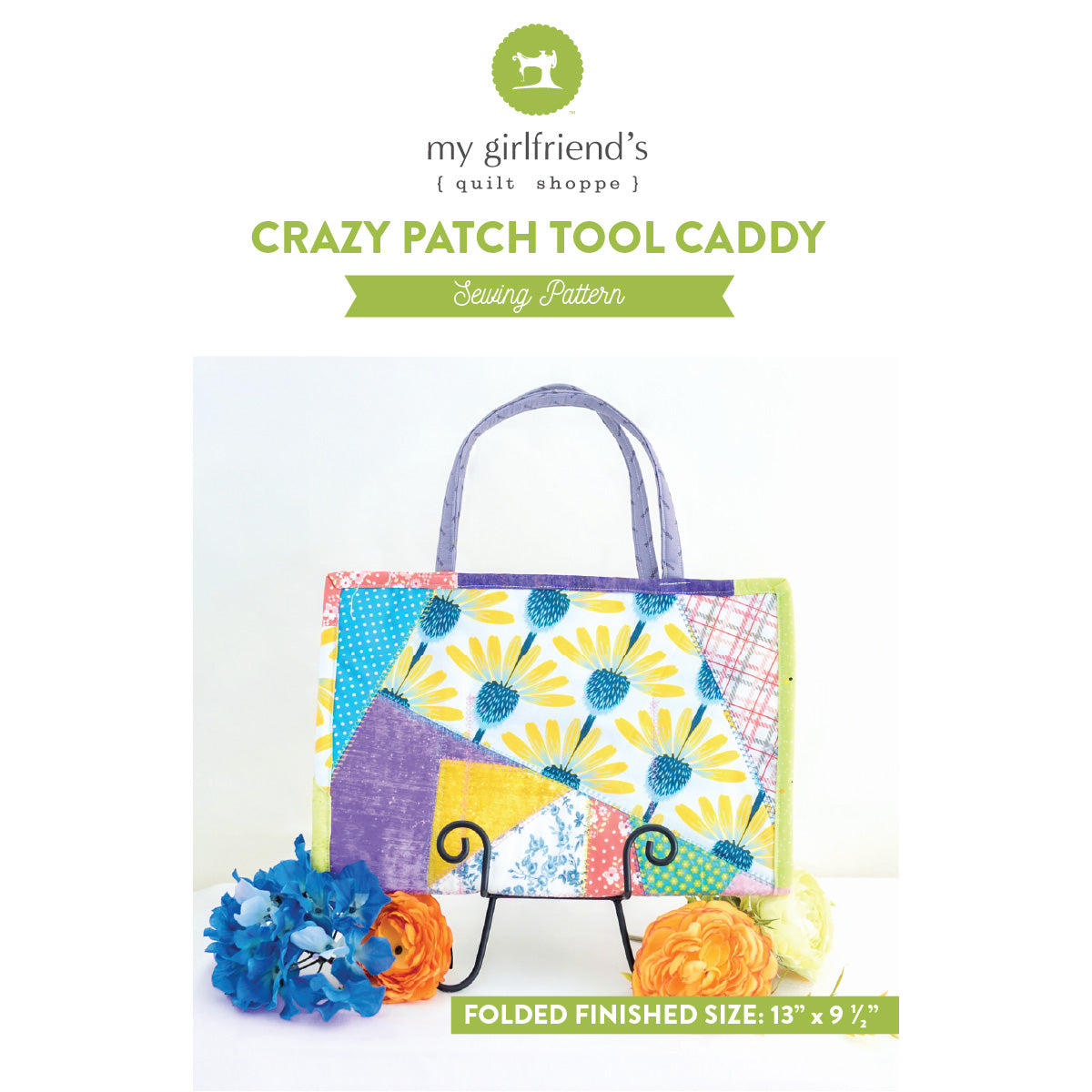 Crazy Patch Tool Caddy with colorful floral design on a white background, featuring 'my girlfriend's quilt shoppe' branding.