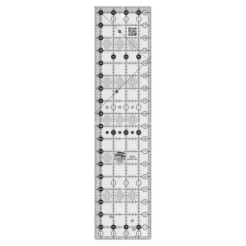 A long, narrow clear quilting ruler with black measurement markings, dotted grid lines, and circular size indicators, shown on a plain white background.