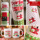 A collage showing multiple views of a Christmas-themed sewing pattern design for tumblers, mugs, and coasters. The design features a red and white checkered pattern with a red sewing machine, green holly accents, and festive red and green text reading 'Dear Santa I've Been Sew Good!'.
